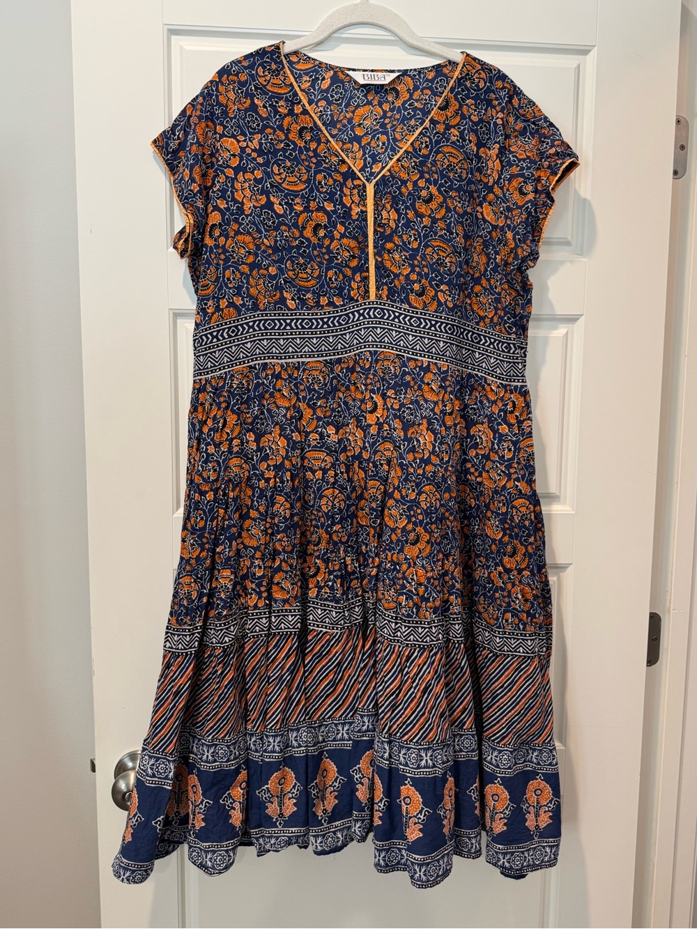 BIBA M/L Orange/Blue Floral Block Print Midi Dress